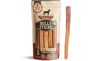 Bully Bunches Premium 12 Inch Jumbo Odor-Free Bully Sticks for Medium & Large Dogs - Long Lasting Chews for Oral Care - All Natural & Single Ingredient, 100% Beef Dog Treat, Rawhide Free (5 Pk)