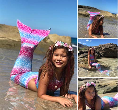Kids Girls Sparkle Mermaid Tail with Monofin Swimmable Swimwear 4pcs Sets for Kids 3~10Years (140 (10-12 Years), Multi-Pink)
