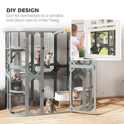 PawHut Catio Outdoor Cat Enclosure, 71" H Wooden Cat House with 5 Jumping Platforms, 2 Condos and Waterproof Cover, Walk-in Kitty Cage for 2–3 Kittens, Grey
