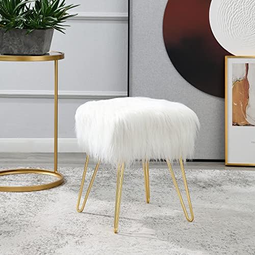 C COMFORTLAND White Faux Fur Vanity Stool, Small Fluffy Vanity Seat