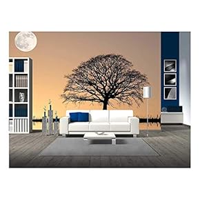 Oak Tree in Winter at Sunset in Silhouette Against a Golden Sky and Full Moon - Removable Wall Mural | Self-Adhesive Large Wallpaper - 66x96 inches