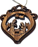 Two Layers Mahogany with Olive Wood Holy Family Nativity Scene Ornament Gift Carved by Laser - Olive Wood (7 cm or 2.8 inch with Certificate) and Gold String