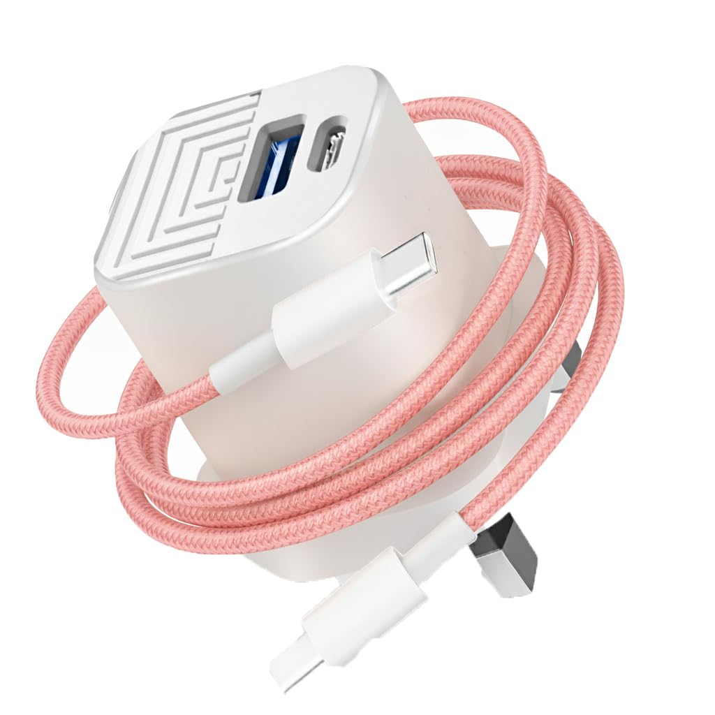 36W Super Fast Charger For Samsung Galaxy S26 S25 S24 S22 S21 S20 FE S23+ S23 Ultra with 60W USB-C Cable | USB-C PD + USB-A GaN UK Charger Plug (Rose Gold)