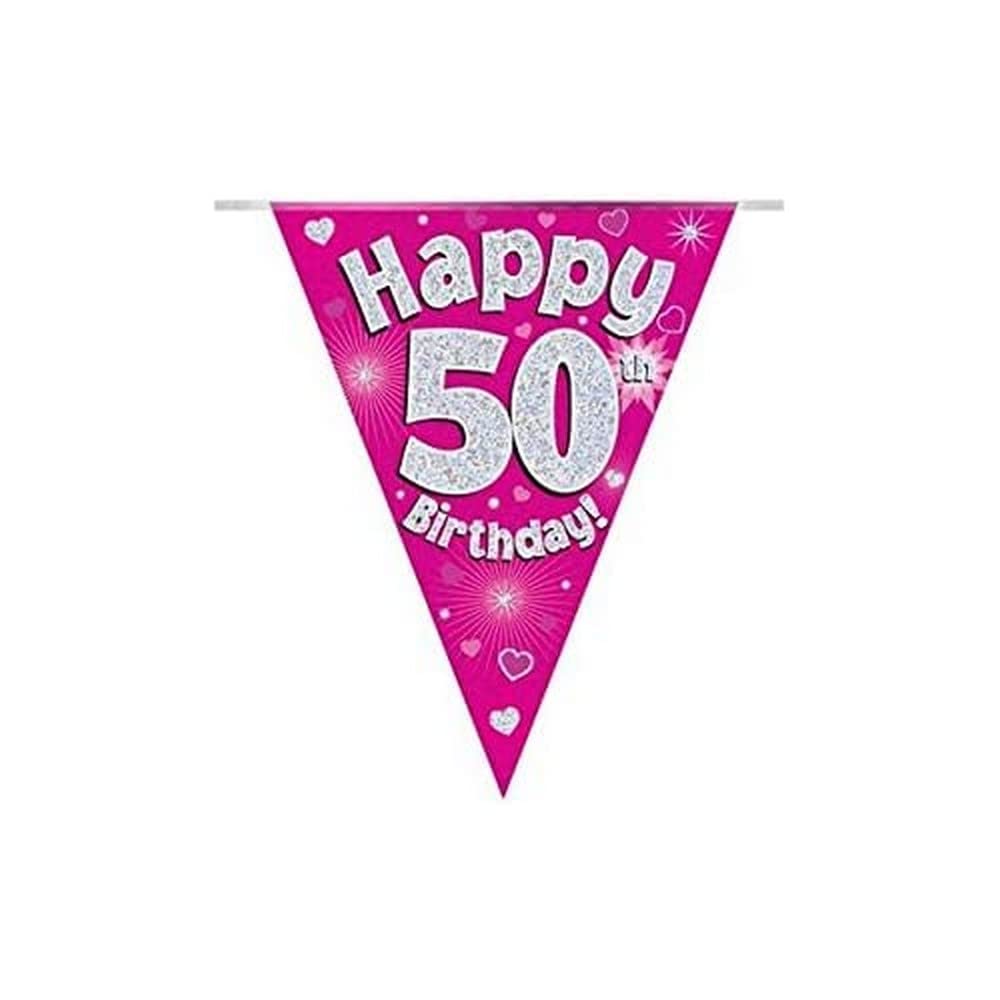 Party Bunting Happy 50th Birthday Pink Holographic 11 flags 3.9m