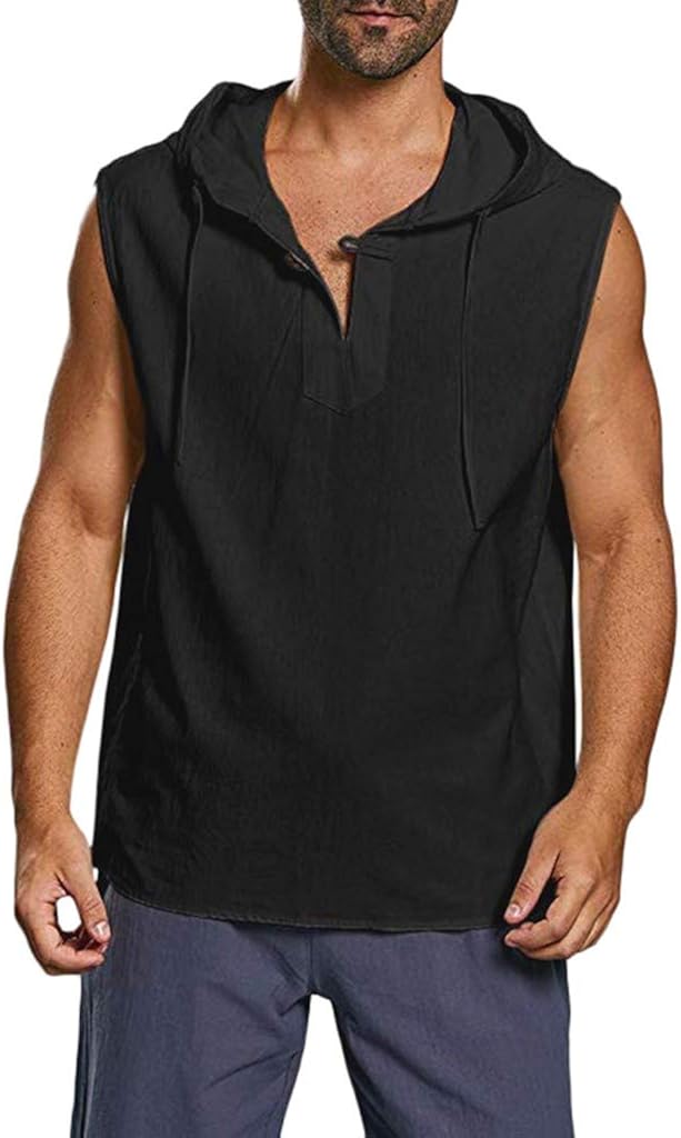 Men's Cotton Linen Shirts Solid Button Beach Sleeveless Hooded Tank Tops Blouse