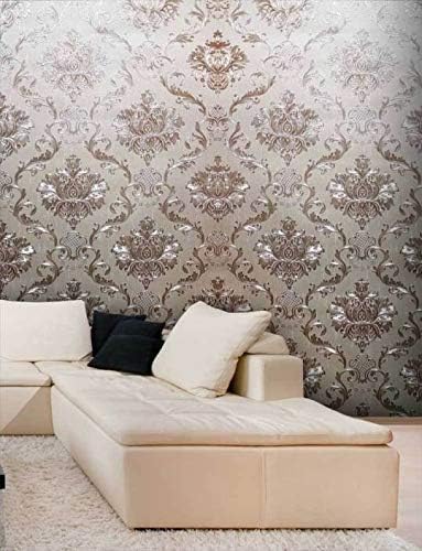 EUROTEX Vinyl Modern Embossed Damask Wallpaper (57 sq.ft, Grey and Golden Base)
