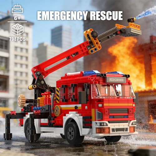 City Fire Truck with Ladder Toy (798PCS), Collectible Emergency Vehicle Model Kit, Birthday Gift for 6 Year Old Boys Girls and Adults