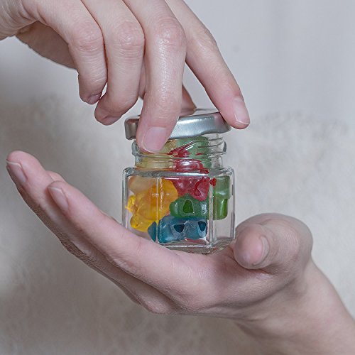 Hexagon Glass Jars by Nellam - 1.05oz, 24 Pack. Includes 48 Chalk Sticker Labels and 2x Chalk Pen. DIY Jars for Canning, Party Favors, Jams, Sauces, Herbs, Spices. (Silver Lid - 24 Pcs)