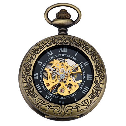 Zeiger New Mens Classic Mechanical Steampunk Pocket Watch, Stainless Steel Copper Case Skeleton Roman Design, Pocket Watch with Chain (Bronze)