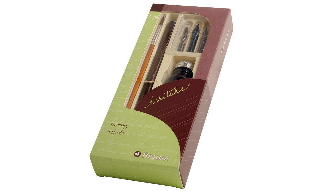 Brause 146B - A writing kit including 3 nibs (Ecolière, steno and Rose), a wooden penholder, a brush, a bottle of black ink and instructions Made in France