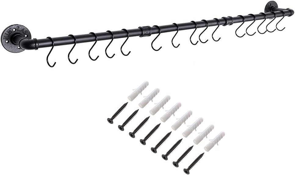 Sumnacon 16 Inch Industrial Pipe Pan Pot Rack with 8-Hooks, Wall Mounted Metal Rail Kitchen Utensil Pot Pan Lid Storage Organizer/Cookware Holder with Hardwares: Kitchen & Dining