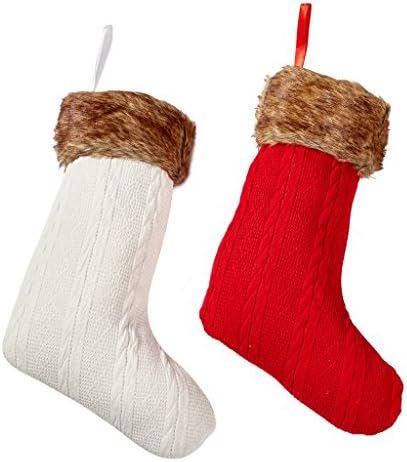 Christmas Stockings Large Size Red and White Knit - Set of 2 - Christmas Decor by Rorgio (Red)
