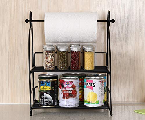 TQVAI 2 Tier Can Rack Organizer with Kitchen Roll Holder, Black - Thumbnail 2
