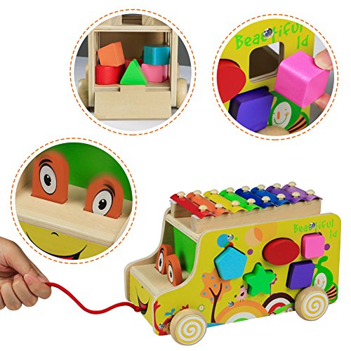Wooden Toys Pull Cars Xylophone Knock Musical Instruments Animal Xylophones 8 Keys with 2 Mallets 10 Shape Blocks for Kids Toddlers Girls Boys 3 4 5 Years