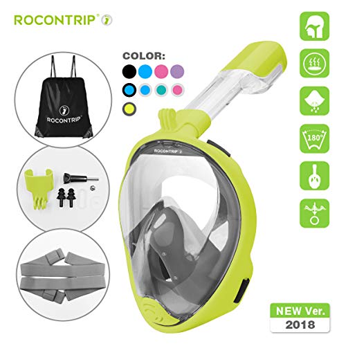 ROCONTRIP Full Face Snorkel Mask, Free Breathing 180° Panoramic View Diving Mask, Anti-Fog Anti-Leak and Adjustable Head Strap Snorkeling Mask for Men Women Adult (Gray Green, L/XL)