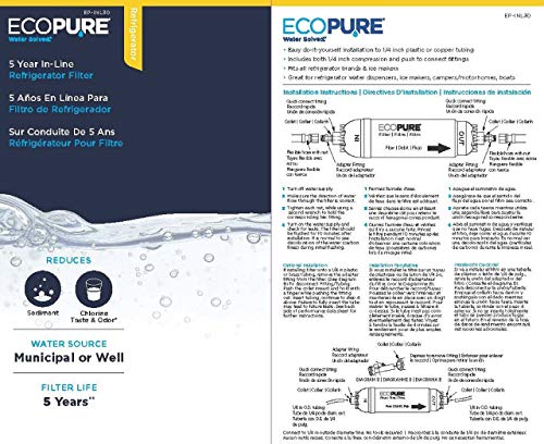 EcoPure EPINL20 EPINL30 5 Year in-Line Refrigerator Filter-Universal Includes Both 1/4" Compression and Push to Connect Fittings (Renewed)