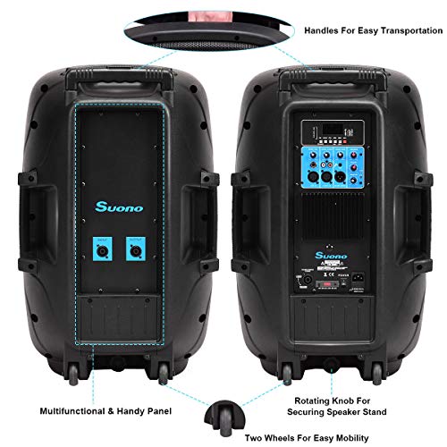 Suono 15" Dual Powered Speakers, 3000W 2-Way Portable Loud Speaker With Stands and Microphone (Active+Passive Speakers + Stands) - Thumbnail 3