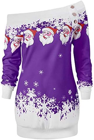 Moonuy Festive Christmas Stylish Design Sweatshirt Party Dress for Christmas Party Decoration Fashion Women Christmas Santa Snowflake Printed Tops Off Shoulder Asymmetric Sweatshirt