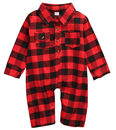 Baby Boys Girls Red Plaid Half Sleeve Romper Polo Button Collar Long Jumpsuit Outfits Clothes (18-24M)