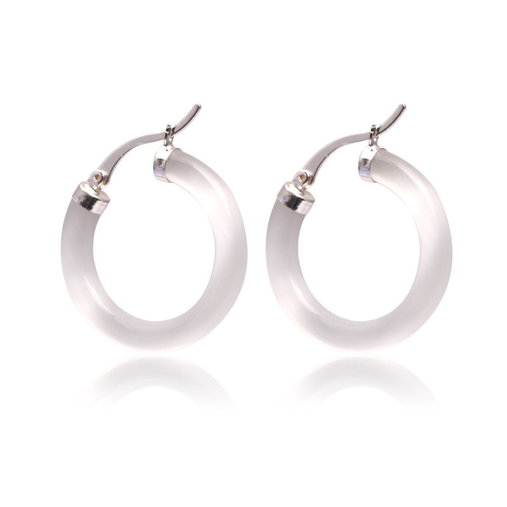 Sweet & Happy Girl's Store 30mm White Cat Eye Ring Beads Marcasite Tibetan Silve Earclip Stud Hoop Earrings Jewelry