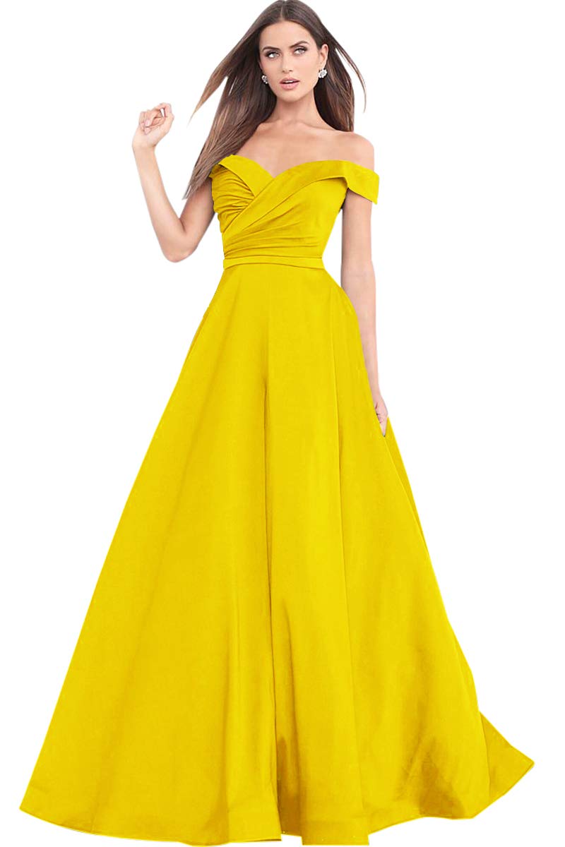Women's A Line Off The Shoulder Ruffled Satin Formal Party Dress Long Prom Evening Gown Yellow