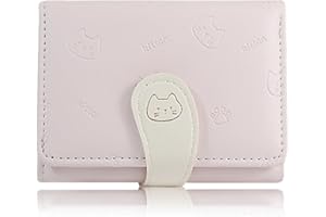 AfitLulu Cute Wallet for Women, PU Leather Fashion Kitten Buckle with Cartoon Printed Three Fold Small Wallet Women with Heart shaped ID Window, Can Store Credit Cards, Cash (Pink)