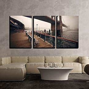 3 Piece Canvas Wall Art - Brooklyn Bridge in a Foggy Day in Downtown Manhattan - Modern Home Art Stretched and Framed Ready to Hang - 16"x24"x3 Panels