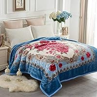JYK Heavy Korean Mink Fleece Blanket - 2 Ply Reversible 520GSM Silky Soft Plush Warm Blanket for Autumn Winter (Queen, Flower/Light Blue)