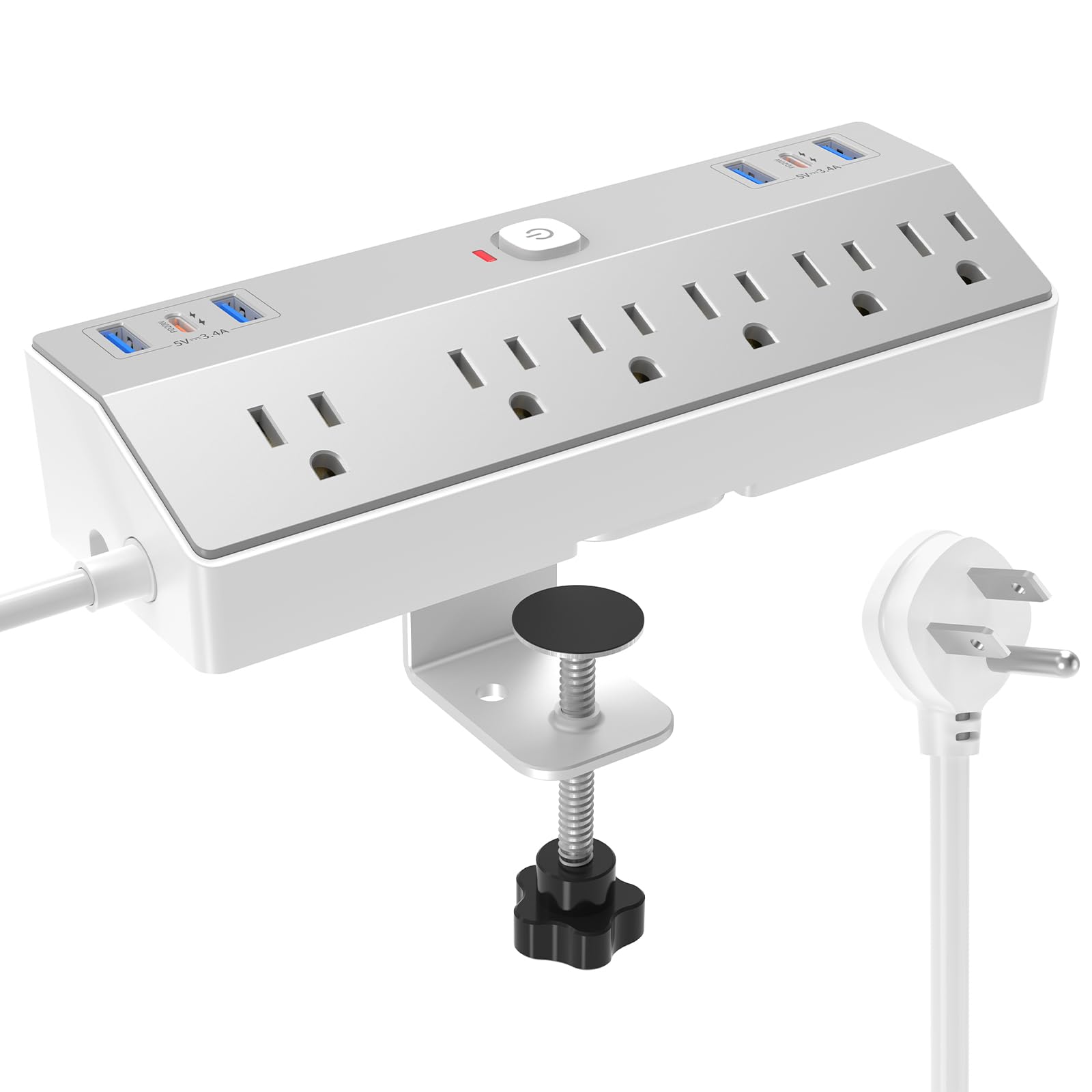 Desk Clamp Power Strip with 40W Fast Charging USB-C, JXGUCAT 10Ft Desk Mount Surge Protector with 6 Outlets 6 USB Ports, Flat Plug Extension Cord Home Office Essentials, Fit 2.48" Tabletop Edge