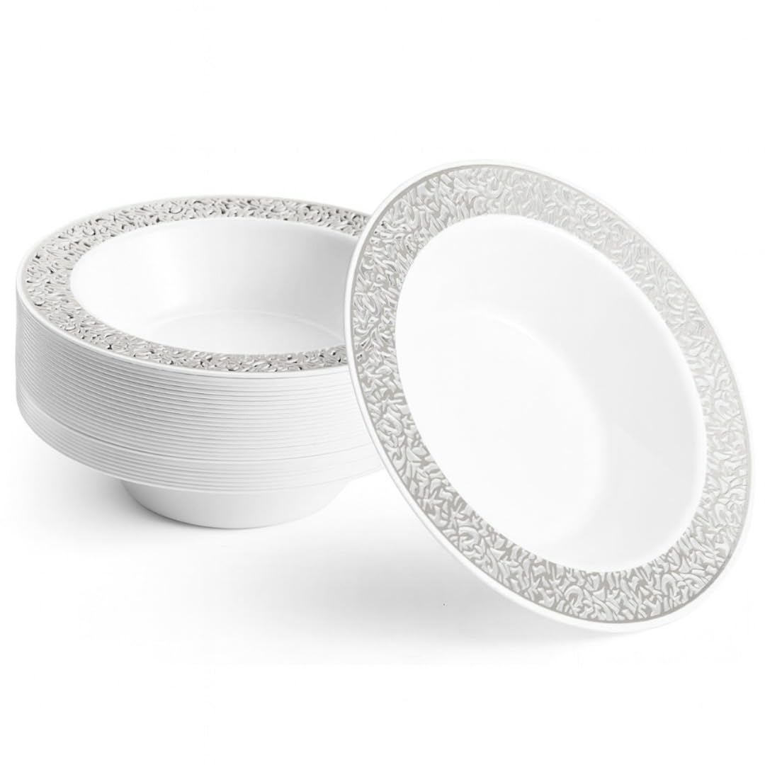 MATANA 20 Premium White Plastic Bowls with Silver Lace Rim, 360ml - Elegant, Sturdy & Reusable - Soup Dessert Bowls for Weddings, Birthdays, BBQ, Parties