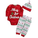 3PCS Babys My First Christmas Bodysuit Romper With Snowflake Pant And Hat Outfits (3-6 Months, Red)