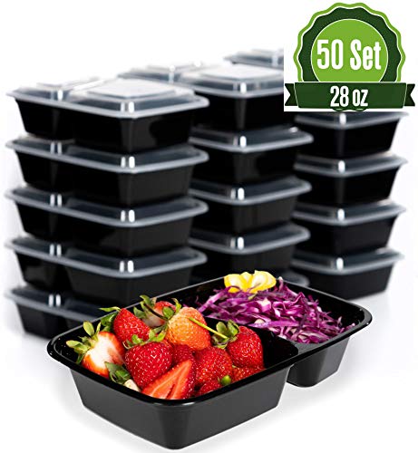 Safeware Meal Prep 2 Compartment Containers with Lids-28oz [50 Set] Ideal-Lunch Containers, Food Prep Containers, Food Storage Bento Box, Portion Control | Stackable | Microwave | Dishwasher | Freezer