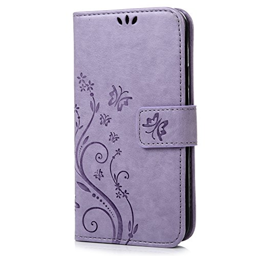 S5 Case, Samsung Galaxy S5 Case - Mavis's Diary Premium Wallet PU Leather with Fashion Embossed Floral Butterfly Magnetic Clasp Card Holders Flip Cover with Hand Strap - Light Purple