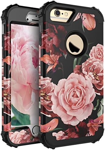 RabeMall Case for iPhone 6S,Case for iPhone 6 Unique Pretty Flowers for Girls/Women Anti-Fingerprint and Scratch-Resistant Three Layer High Impact Resistant Hybrid Protective Cover,Floral Black