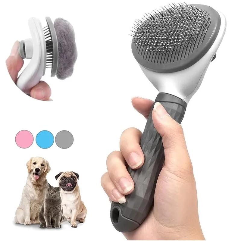 Self-Cleaning Dog and Cat Slicker Brush - Grooming Tool With Smooth Handle and Cleaning Button for Shedding and Massage (Grey)