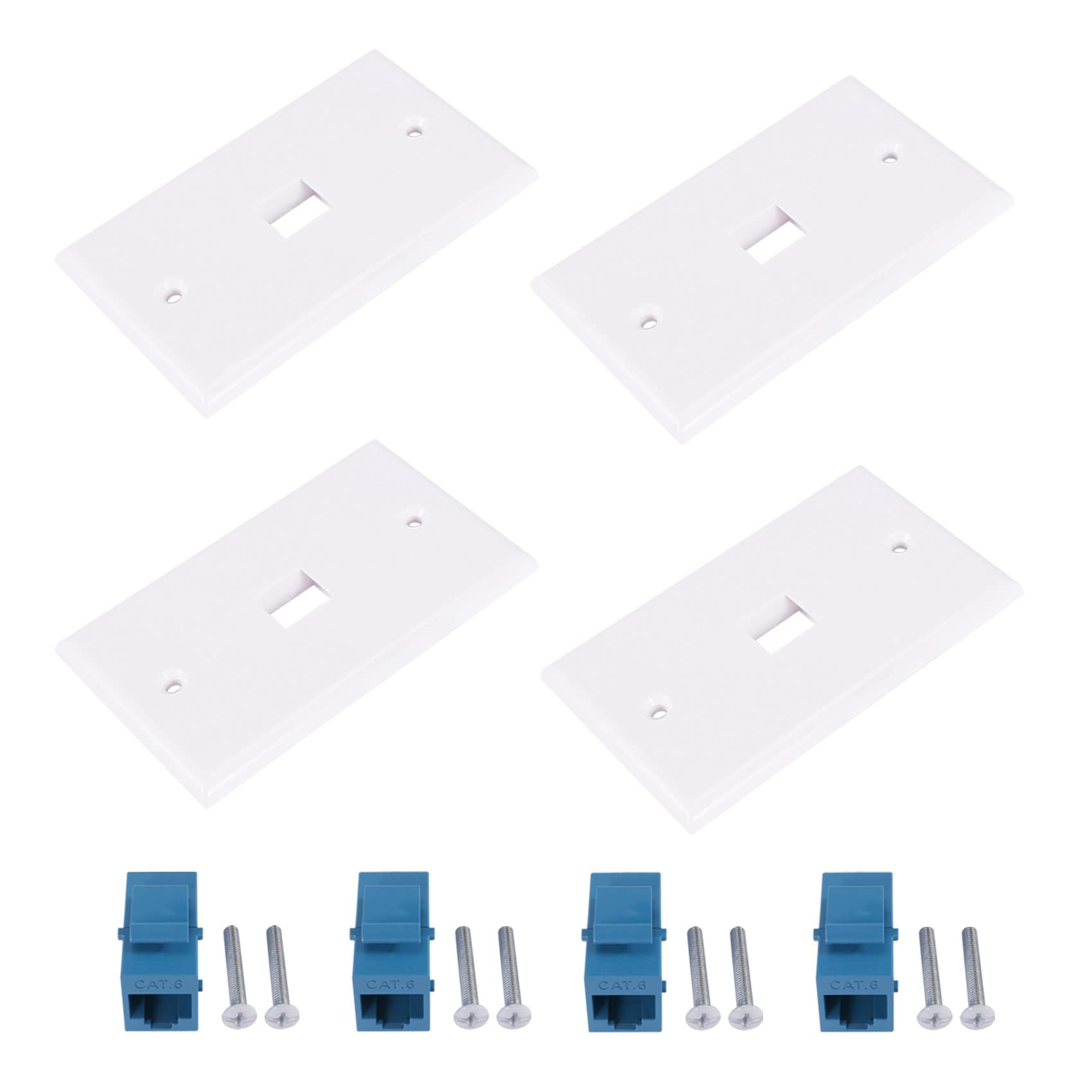 tassieroon 4X Cat6 Ethernet Wall Plate Outlet 1 Port RJ45 Network Female to Female Wall Coupler Jack Plate White & Blue