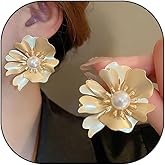 Dainty 14K Gold Big Flower Stud Earrings for Women,Exaggerate Vintage Pearl Floral Drop Dangle Earrings,Striking Prom Wedding Jewelry Gifts for Bride
