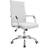 Furmax Ribbed Office Desk Chair Mid-Back PU Leather Executive Conference Task Chair Adjustable Swivel Chair with Arms (White)