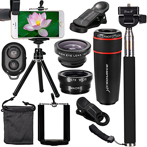 XCSOURCE 10 in 1 Mini Lens Kit 8x Telephoto Lens + Fish Eye Lens + Wide Angle + Macro Lens Selfie Stick Monopod + Bluetooth Remote Control + Mini Tripod For iOS / Andriod Smartphone XC311