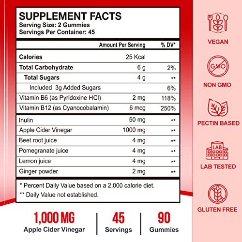 VEGEPOWER Apple Cider Vinegar Gummies ACV 1000mg Vegan Vitamin Supplement for Weight Control Detox Cleanse Non-GMO 90Count Natural Juice Beet Root, Pomegranate, Lemon