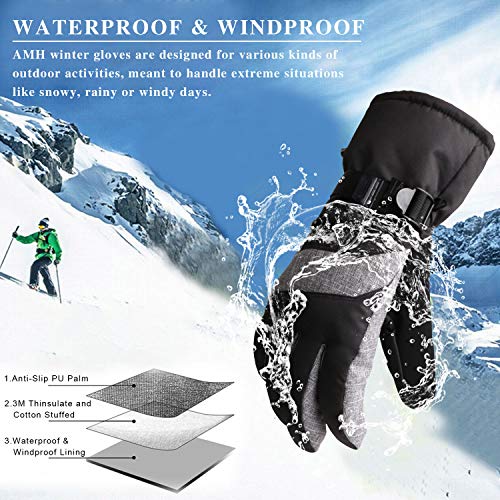 AMH Skiing & Snowboard Gloves for Winter Outdoor Activities, Warm 3M Thinsulate Gloves, Waterproof & Windproof with Touch Screen Design for Cold Weather, Fit Men & Women [Size L] - Thumbnail 4