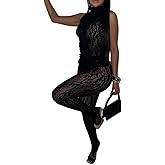 MatyLonm Womens See Though Sexy Bodycon Jumpsuit Mesh Sleeveless Rompers Fishnet Summer Outfits for Club Party Night