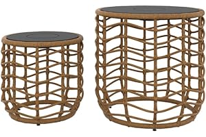 2-Piece Wicker Outdoor Side Table Set with Solar Lights