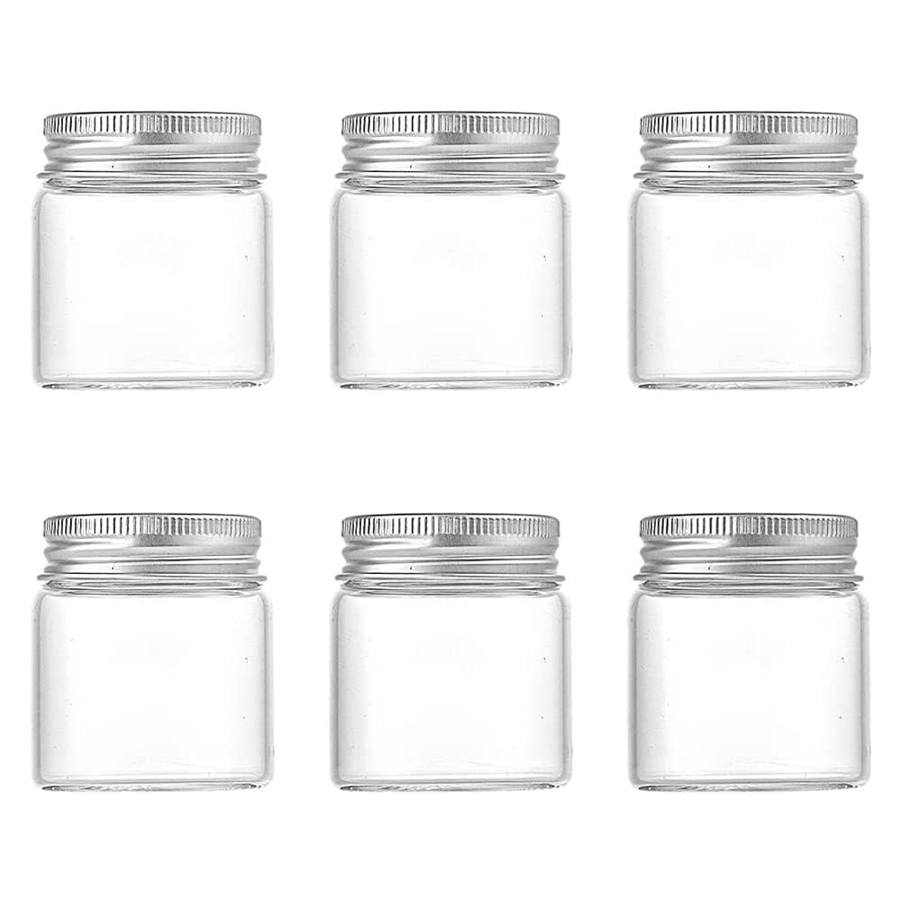 Danmu Art 6pcs 50ml 47mm x 50mm Vials Clear Glass Bottles Jars with Aluminum Screw Top Strong Cute Empty Sample Jars Small Containers (6)