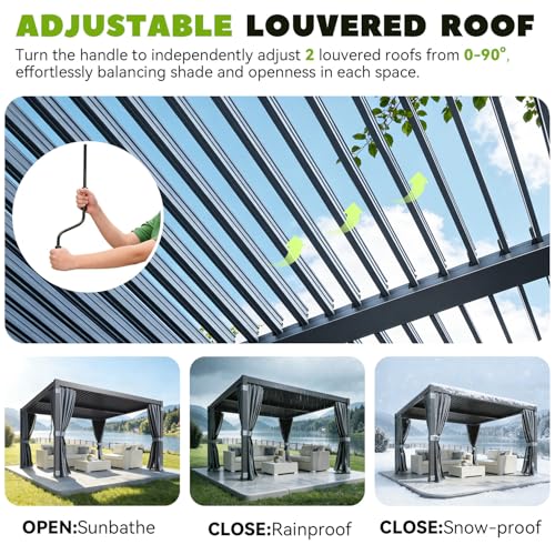MELLCOM Louvered Pergola 10x10, Aluminum Pergola with Adjustable Louvered Roofs, Outdoor Gazebo with Waterproof Curtains and Nets, Black