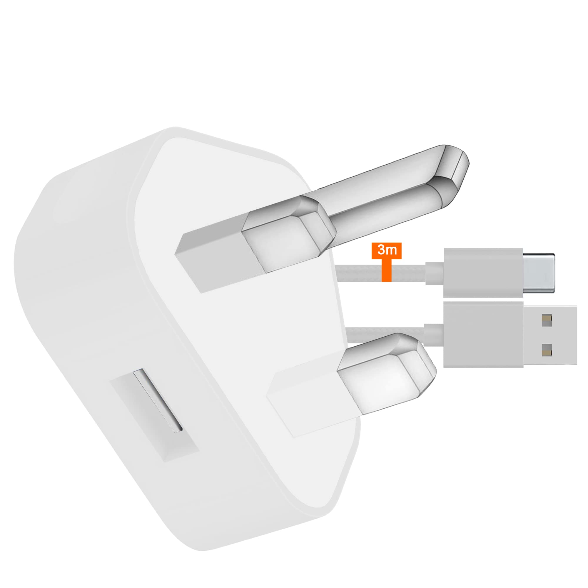 IWIO 3 Pin UK 1A 12W Plug and 3M Extra Long Durable Nylon Braided USB C/Type C Cable compatible with Kindle Paperwhite 6.8" 11th Generation 2021 (Silver)