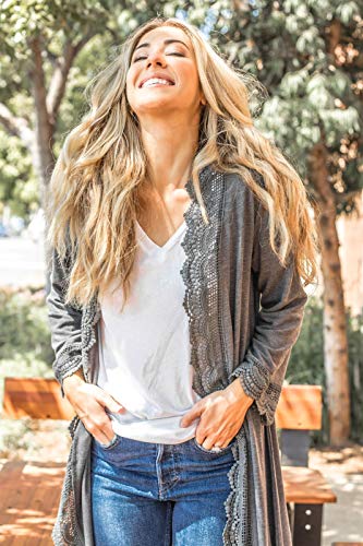 3/4 Sleeve Lace Trim Cardigan (Charcoal, 2X) - Thumbnail 2
