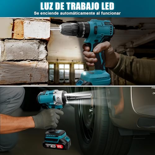 Taladro y Llave de Impacto Inalámbricos 2 en 1, Kit de Herramientas Eléctricas, Pistola de Impacto 21V 650NM, Motor Sin Escobillas, Taladro Atornillador 25+3, 2 velocidades, 29 piezas, Incluye Caja
