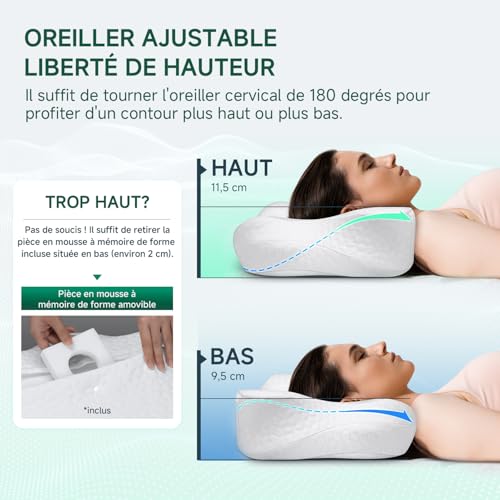 TESQ Ergonomic 2-in-1 Cervical Pillow in Memory Shape Pillow, Superior Comfort for Side and Back Sleepers, Adjustable Height, 50% Nylon 50% Washable Polyester, 60 x 40 x 9/12 cm