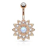 Flower with Synthetic Opal Center Belly Button Navel Rose Gold Ion Stainless Steel Ring B300